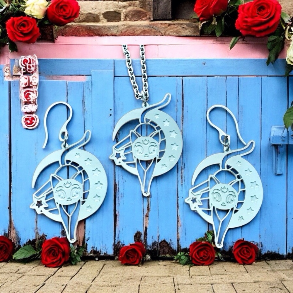 🆕 Cat On The Moon w Stars Laser Etched Necklace and Earrings Set Stainless Steel